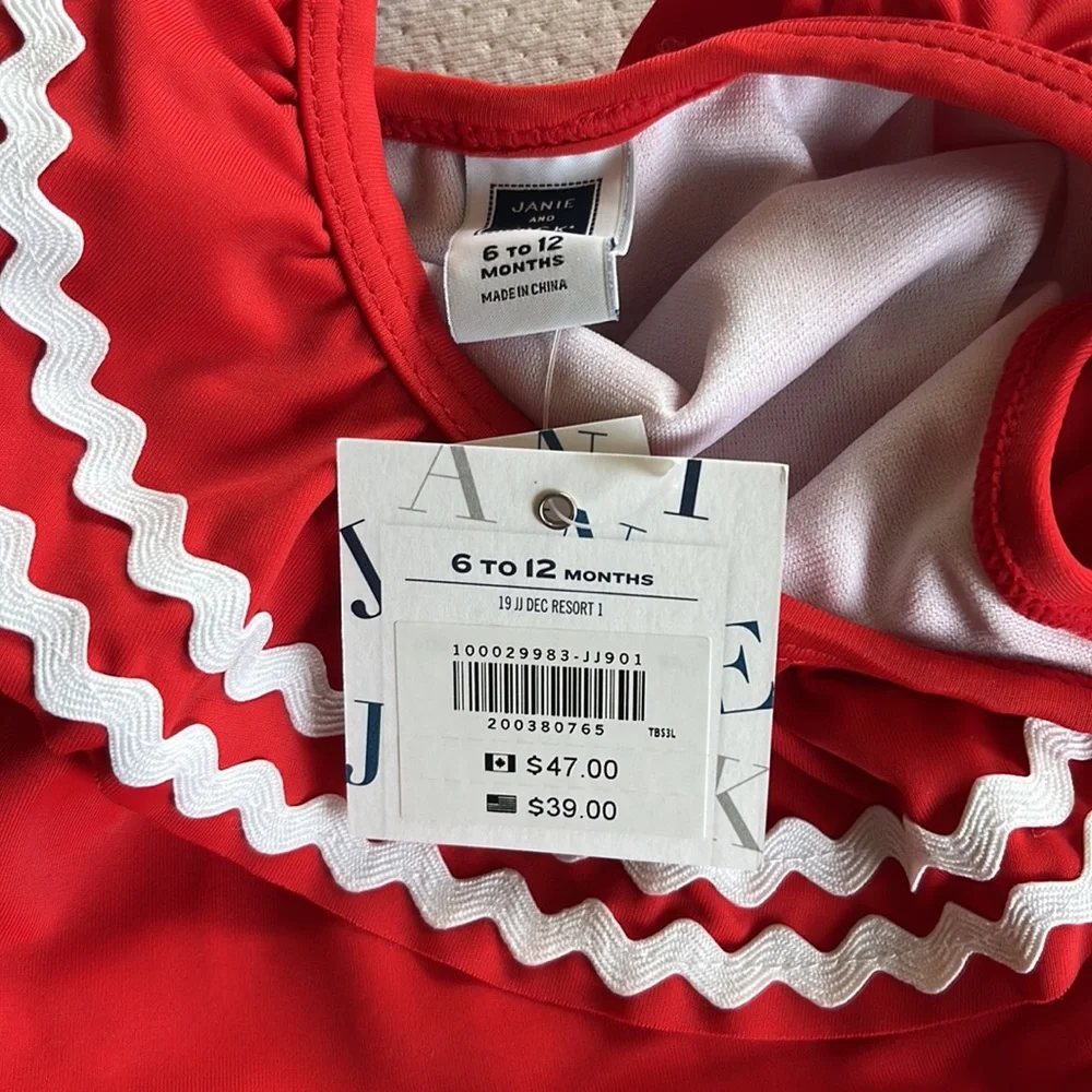 Janie and Jack Red One-Piece Swimsuit with White Trim